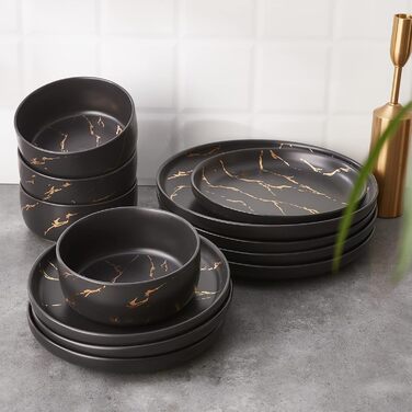 Набір посуду White Gold Splash, 12 предметів: тарілки та миски, чорний, преміум-посуд для 4 осіб, кераміка