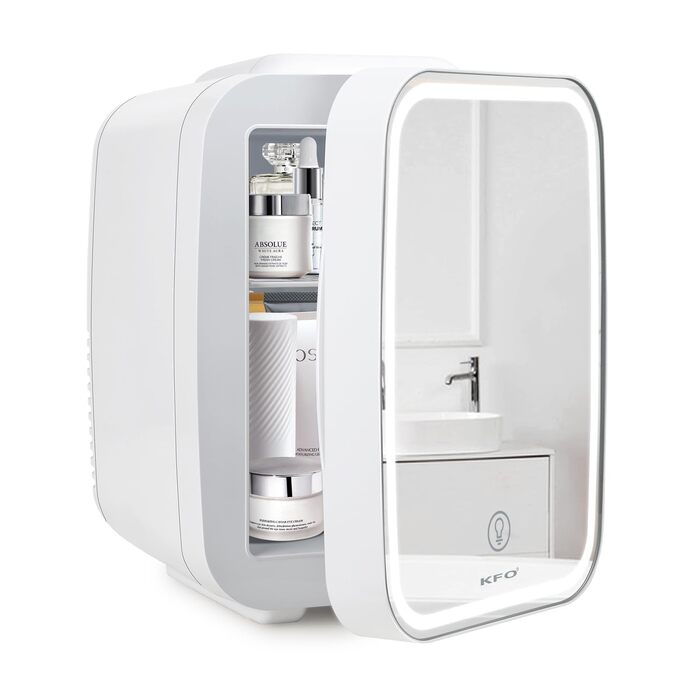 Міні-холодильник KFO 4L, тихий (20dB) з LED-дзеркалом для косметики та напоїв, 220V/12V, термоелектричний, білий