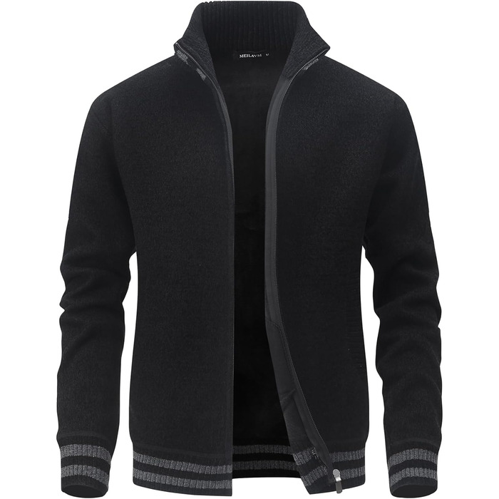 Чоловіча в'язана жилетка з кишенями, стійким коміром, флісовою підкладкою, кардиган, повсякденний зимовий одяг, в'язана куртка з блискавкою, теплий зимовий верхній одяг, чорний, L