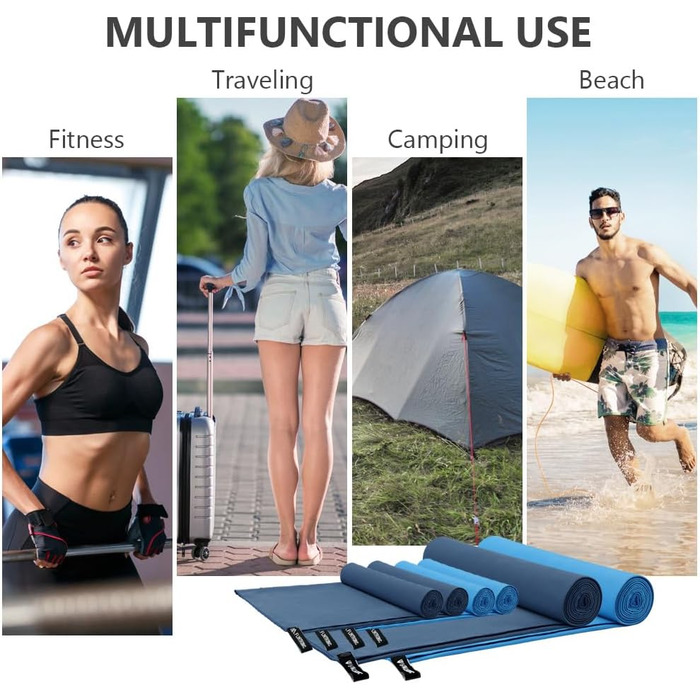 Рушник з мікрофібри Flintronic, 200x100 см, великий пляжний рушник, швидковисихаючий, спортивний, для подорожей, на пляж, до сауни (Небесно-блакитний, (180*90 см)*1 + (80*40 см)*2)