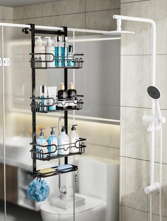 HapiRm Shower Shelf - Hanging Shower Rack Adjustable with 4 Shower Baskets, Shower Shelf No Drilling with Soap Dish and Hooks, Shower Shelf Over the Door Glass Wall & Bathroom Door, Black