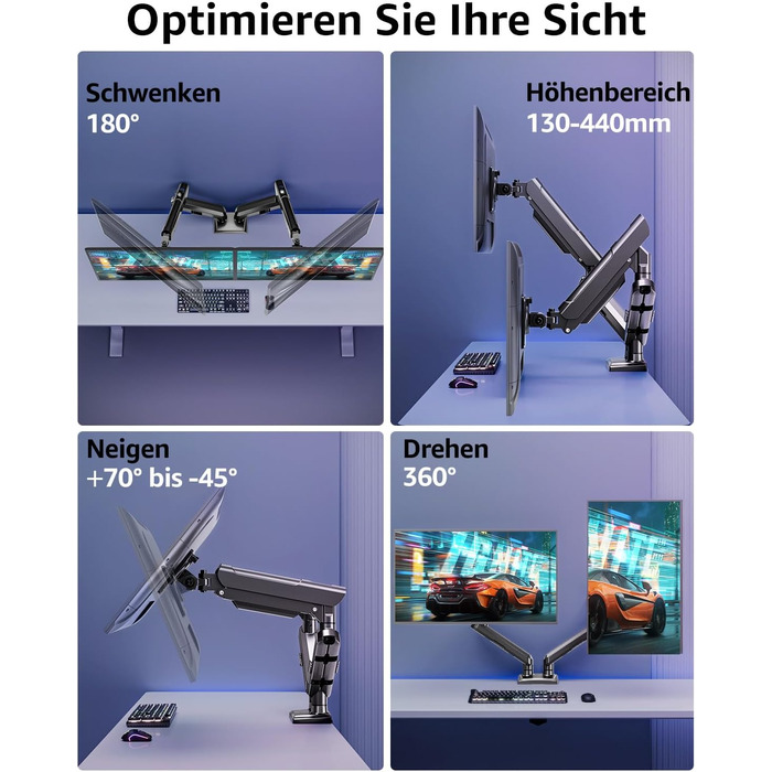Тримач для монітора ELIVED EV6012W для 2 моніторів (13-32 дюйми), чорний, VESA 75/100mm, газ-амортизатор, регульований