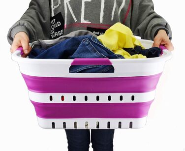 SAMMART 30L Collapsible 3-Handle Plastic Laundry Basket - Foldable Pop-Up Storage Container/Organizer - Portable Wash Basin - Space-Saving Basket/Bin (White/Purple)