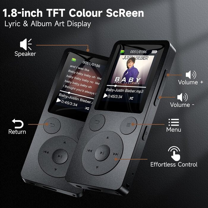 MP3 плеєр 32GB з Bluetooth 5.3 та динаміком, FM-радіо, диктофон, HiFi звук, фізичні кнопки керування, чорний