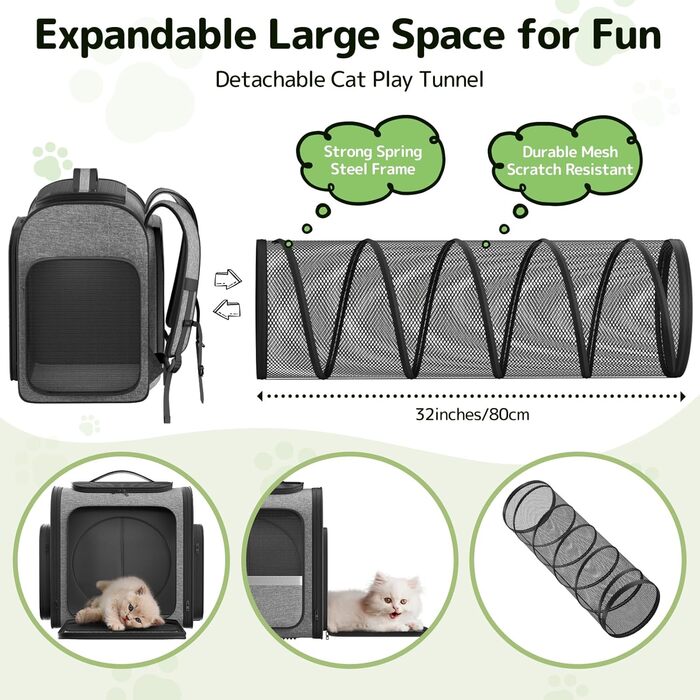 Рюкзак-переноска для котів Pawtners з розширеним тунелем для ігор, дозволений авіакомпаніями, для маленьких собак та великих котів до 11,3 кг, сірий, розмір L 40 x 32 x 38 см