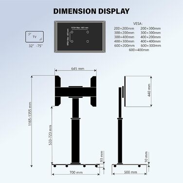 Підставка для телевізора XTRARM Proton 300: регульована висота 191 см, VESA, USB, розетки, 32-75