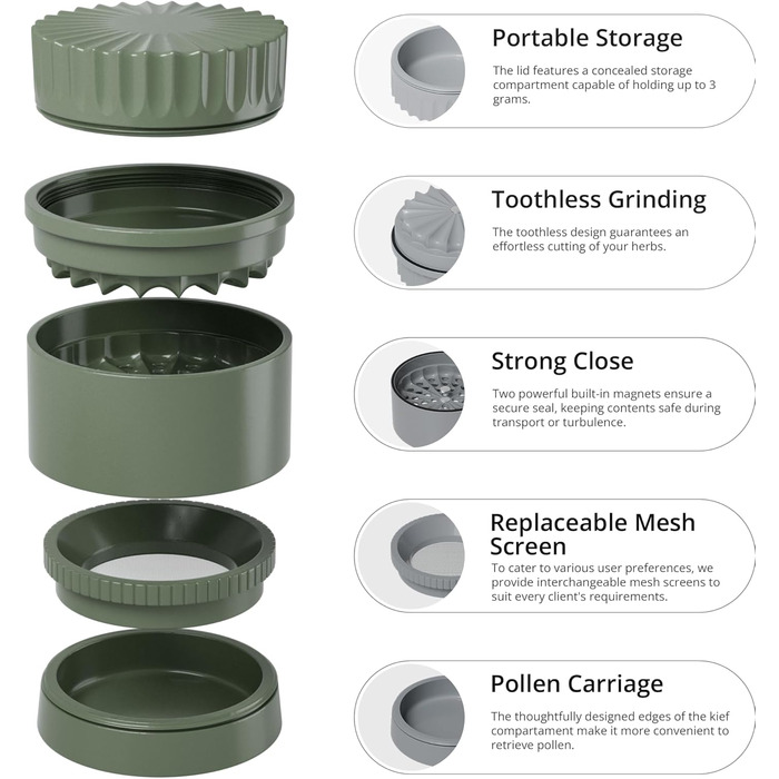 Toothless Herb Grinder Ø 63 mm | Nano-ceramic coated for effortless grinding | 5-piece with built-in storage container in the lid (Green)