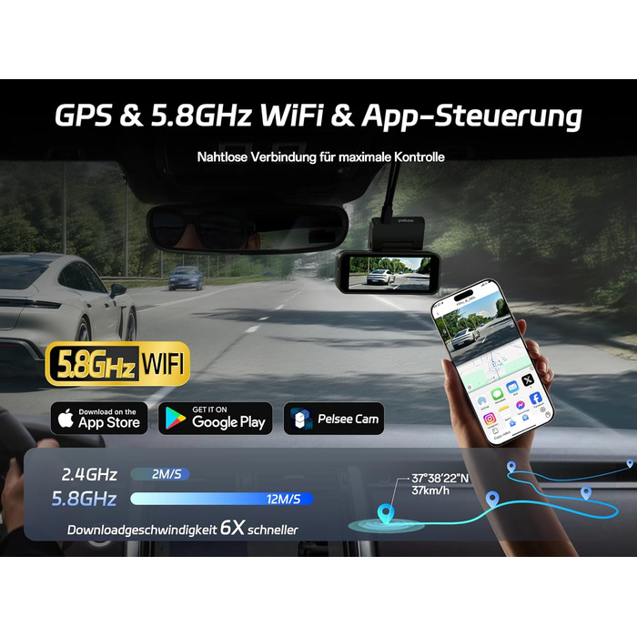 Автомобільний відеореєстратор Pelsee 4K Dashcam (передній та задній) з сенсором STARVIS 2, 3.39'' IPS дисплеєм, 24Гн паркуванням, 5.8GHz WiFi, HDR, WDR, ADAS, GPS та карткою пам'яті 64ГБ