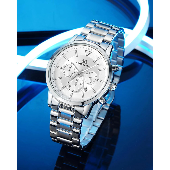 Чоловічий годинник MEGALITH з нержавіючої сталі, хронограф, водонепроникний: велике циферблат, дата, стильний подарунок для чоловіків (8345 Silver)