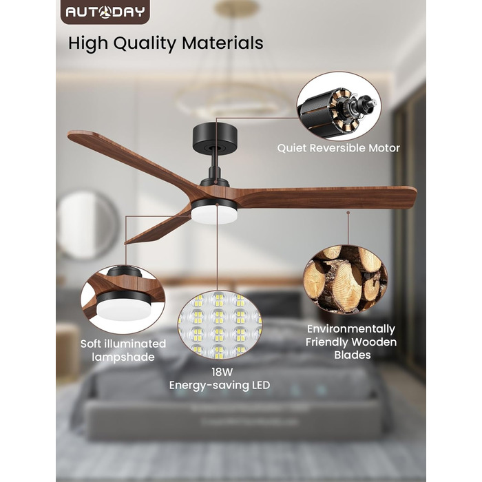 Стеляний вентилятор з дерева з підсвічуванням, 90 см, тихий DC-двигун, 6 швидкостей, пульт з пам'яттю, таймер, 24W LED, регулювання яскравості