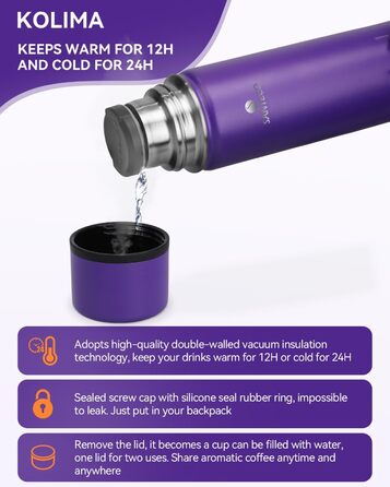 Термос-термокана з нержавіючої сталі SANTECO 1л, 500мл, не протікає, з кришкою-чашкою для подорожей. Термос для кави та чаю для дітей, спорту, без BPA, 24 години холод, 12 годин тепло (фіолетовий, 500 мл)