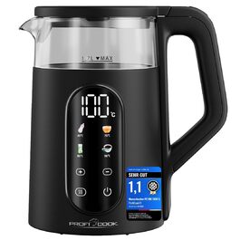 Скляний електрочайник ProfiCook PC WK 1328 G з регулюванням температури 40-100°C, 1.7л, 2200Вт, функція підігріву та швидкого старту