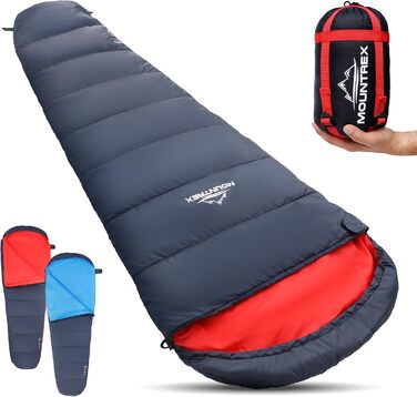 Сплячий мішок MOUNTREX® - компактний та ультралегкий (760г/1500г) - Outdoor спальний мішок для літа (100GSM) / 3-4 сезони (300GSM) Мумієподібний спальний мішок – кемпінг, подорожі, фестивалі – теплий та з'єднувальний темно-синій/червоний літній спальник