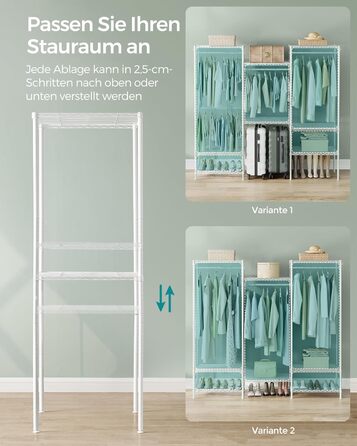 SONGMICS Clothes Rack, Open Wardrobe, Metal Coat Rack, Coat Stand with Adjustable Shelves and Clothes Rails, Hooks, High Load Capacity, Detachable, Cloud White LGR431W01