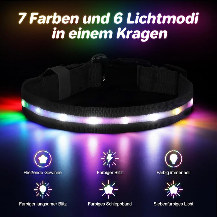 LED-нашийник для собак з підзарядкою USB, вологостійкий, регульований, 3 режими, для малих, середніх та великих собак (Чорний, L(48-60см))