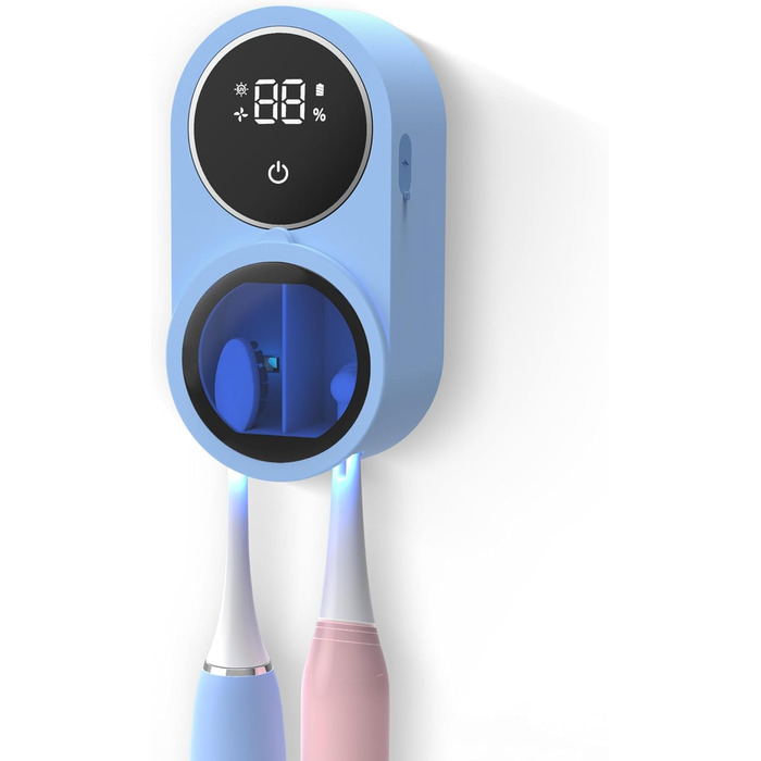 Biodzzs Wall-Mounted Toothbrush Holder and Cleaner, Smart Light Cleaning and Fan Drying, Automatic Rotating Cover, Toothbrush Case with Digital Display, Portable, Blue