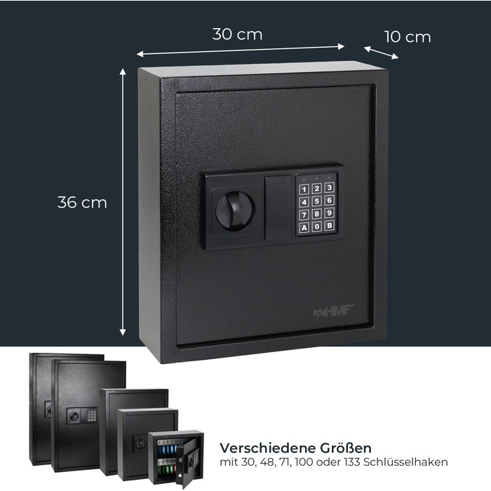 Сейф для ключів HMF з кодовим замком та електронним замком, 30x28x10 см, 48 гачків, чорний