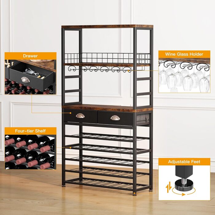 Homeiju Wine Rack, Freestanding Floor, Bar Cabinets for Liqueurs and Glasses, 4-Tier Bar Cabinet with Tabletop, Glass Holder, Storage Drawer and Wine Storage for Living Room, Kitchen, (Retro Black Brown)