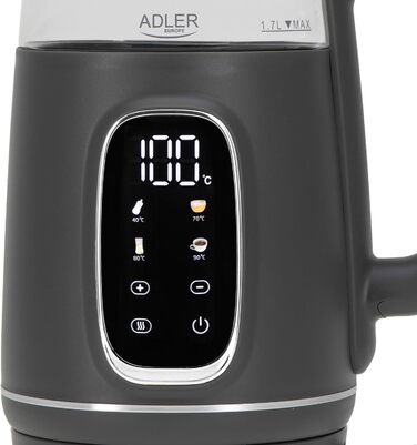 Електричний чайник Adler з регулюванням температури 2200W, 1.7L з LED-дисплеєм та сенсорною панеллю, 5 програм, функція підтримання тепла, фільтр, темно-сірий сріблястий колір