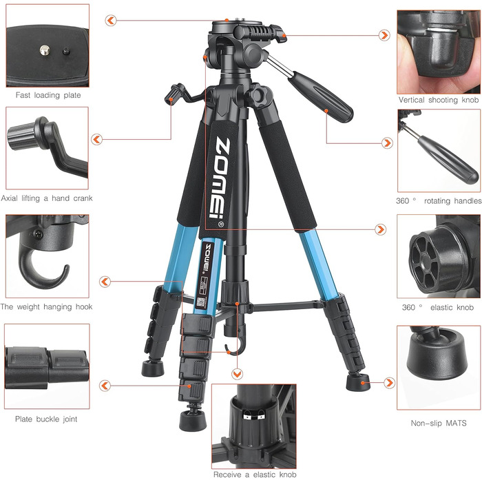 Штатив ZOMEi 188см - професійний для фото та відео, сумісний з DSLR, телефонами, проекторами (чорний, блакитний)
