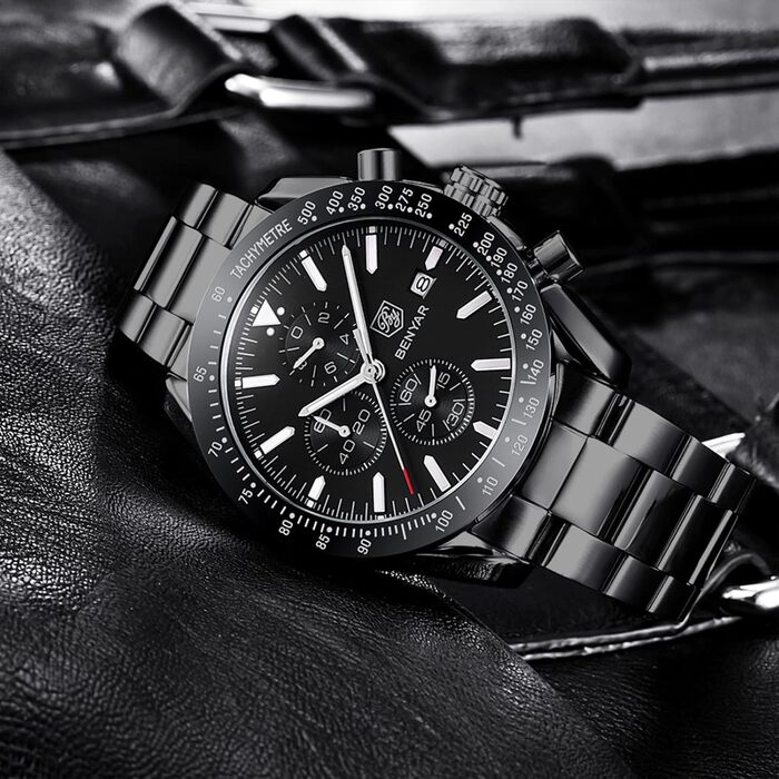 Годинник чоловічий BENYAR з коричневим шкіряним ремінком, кварцовий хронограф, відображення дати, водонепроникний, спортивний годинник з блакитно-чорним циферблатом, корпус з нержавіючої сталі