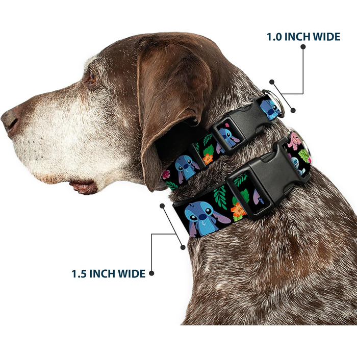 Нашийник Buckle-Down з пластиковим кліпом - Ohana Means Family/Stitch & Scrump Poses/Тропічні квіти. Чорний/Білий/Багато кольорів. Ширина 2.5 см. Підходить для шиї 38-66 см. Великий