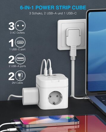 Багатофункціональний розподільник розеток 6 в 1 з USB-C, 3 розетки, плоский штекер, індивідуальне вмикання, кабель 2м, 1 USB-C, для офісу, дому, подорожей (білий)
