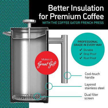 Френч-прес Coffee Gator з нержавіючої сталі, термокружка 1 л, з дорожньою кавовою банкою, сріблястий