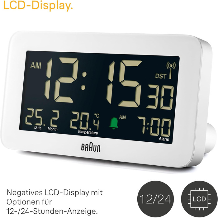 Braun Funk-Digitalwecker for the Central European Time Zone (DCF) with date, month, and temperature display, negative LCD display, and white alarm tone, Model BC10W-DCF.