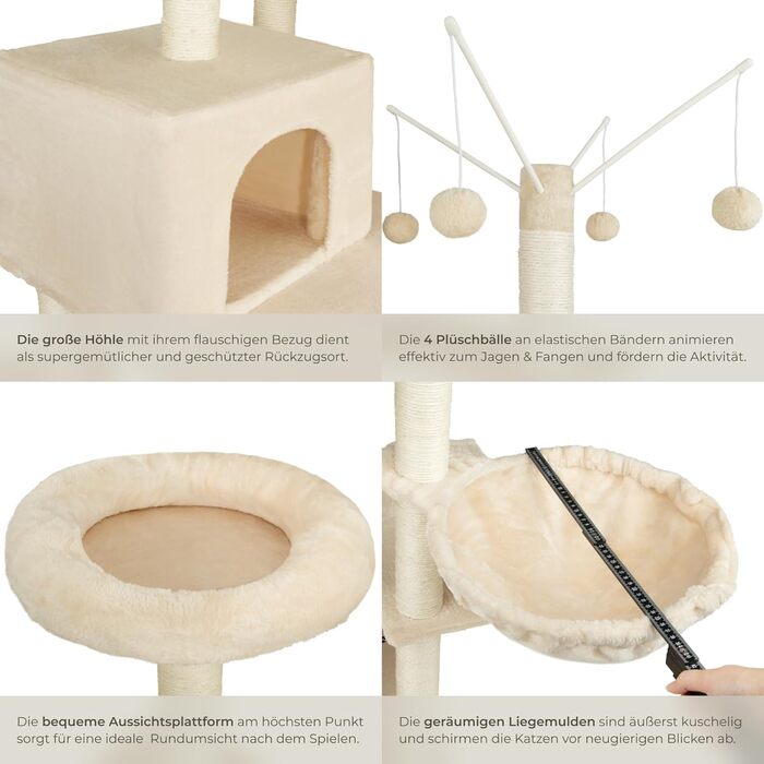 Тектейк® Крізьоверх XXL для котів, великий, з аксесуарами: лежанки, гамак, будиночок, іграшки, мотузка з сизалю, ствол для дряпання, котячий комплекс, котячий дряпкач, висота приблизно 165 см - сірий (Бежевий | № 402932)