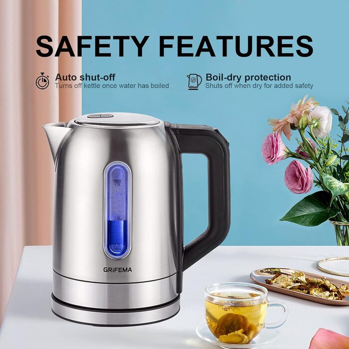 Електричний чайник GRIFEMA 0.8L, 1100W з фільтром від накипу, тихий, швидкий, без BPA, для подорожей, автоматичне відключення, захист від перегріву, білий (нержавіюча сталь 1.7L)