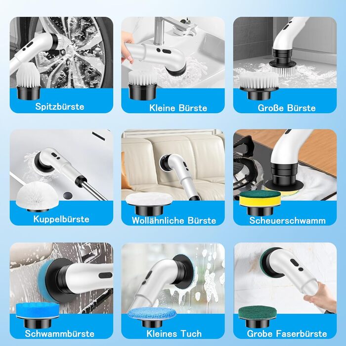 Електрична щітка для прибирання 9 в 1, 34-130 см, 2 режими, для ванної, кухні, плитки та авто, біла