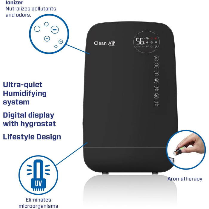Зволожувач повітря з іонізатором та ароматерапією Clean Air Optima CA-607B Smart (Чорний) - продуктивність 480 мл/год, об'єм резервуару 5,5 л, для приміщень до 65 м²