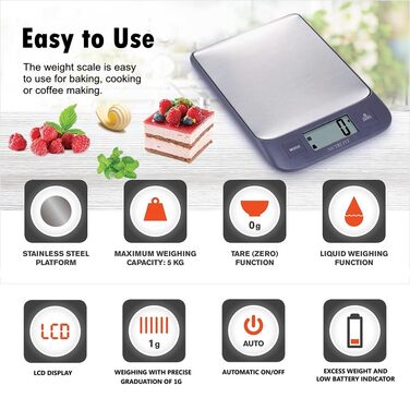 Кухонні ваги NUTRI FIT: цифрова вага з нержавіючої сталі, ультраплоска, LCD-дисплей, 5 кг, 4 одиниці вимірювання