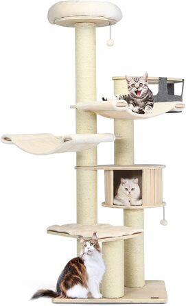 Дерев'яний кігтеточки для котів Costway 7-ярусний, 197 см з гамаком, будиночком та кошиком, товщина стовпів 15 см, бежевий