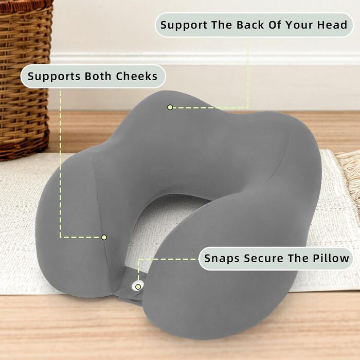 Подушка для шиї в подорожах: Memory Foam, для авто, літака, офісу, дому (сіра)