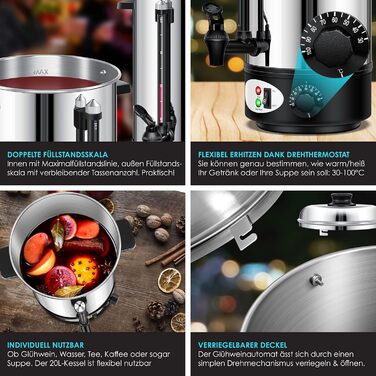 KESSER® Mulled Wine Boiler 8L Stainless Steel Incl. 10x Cups Mulled Wine Cooker with Thermostat Mulled Wine Dispenser Hot Beverage Dispenser Water Boiler Hot Water Dispenser Canning Machine Level Indicator Tap Black (20 Liter / Silver)