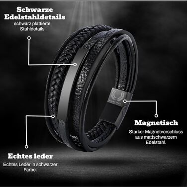 Чоловічий шкіряний браслет Lederarmband з магнітним застібком, регульований (21.5-23 см, чорний)