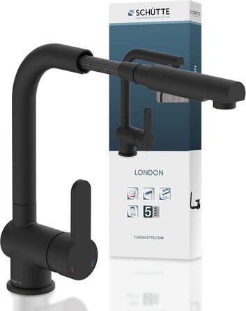 Кухонний змішувач SCHÜTTE LONDON з висувною лійкою, поворотний на 360°, з однорідним змішувачем, чорний, 29,8 см (для високого тиску)