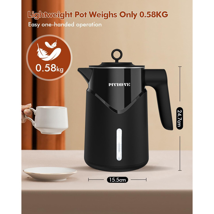 Електричний чайник з нержавіючої сталі 2200W з швидким нагріванням, автоматичним вимкненням, захистом від сухого кипіння, 1.7L, без BPA, без контакту з пластиком, тихий, чорний