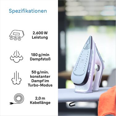 Праска з живленням від пари Braun FreeStyle 5 SI 5037 VI - потужний відпарювач з підошвою Freeglide 3D, вертикальним відпарюванням, 2700 Вт, 200 г/хв, резервуар 330 мл, фіолетовий