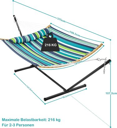 Yaheetech Гамак з каркасом та подушкою XXL, двомісний, до 216 кг, для 2-3 осіб, регульований, для вулиці та дому, зелена смуга