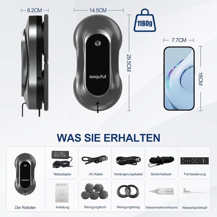 Робот для миття вікон інтелектуальний Yw160s Grey DE3 з дистанційним керуванням та додатковим розпиленням води, для внутрішнього та зовнішнього використання, 12 серветок