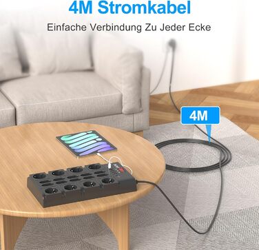 Мережевий фільтр BEVA з 18 розетками, 3680W/16A, захист від перенапруги 2100 Дж, 2 USB-C (15W) + 4 USB-A, з вимикачем, для офісу та дому