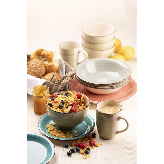 MÄSER 931495 Bel Tempo II, 12-piece tableware set for 6 people with a modern vintage look, hand-painted, pink, stoneware.