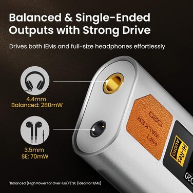 HIFI WALKER D20 DAC512: Портативний підсилювач/ЦАП для навушників – USB ЦАП Hi-Res аудіо з 4.4 мм балансним та 3.5 мм виходом, ES9038Q2M + CT7601PR, підтримка PCM 768 кГц/DSD512, алюміній, OLED дисплей, сріблястий