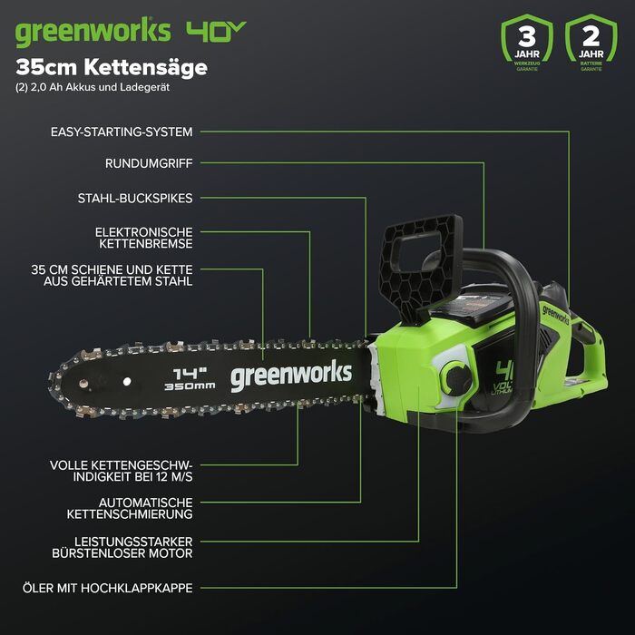Акумуляторна ланцюгова пила Greenworks G40CS30II 40V, шина 30 см (12