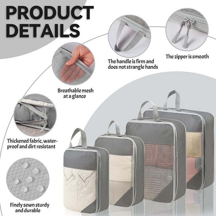 Набір органайзерів для валізи 8 шт., компресійні пакети для подорожей, сірий колір