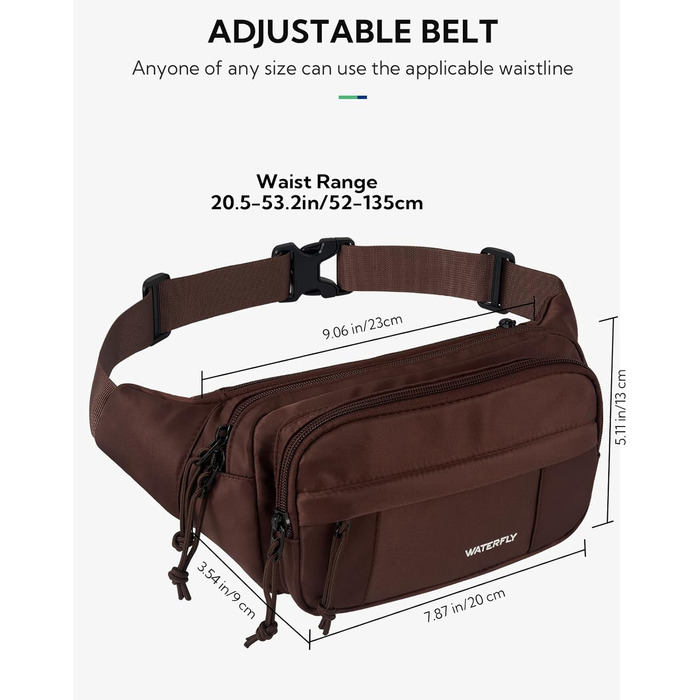 WATERFLY Поясна сумка на пояс для чоловіків та жінок: спортивна, стильна фанна-сумка, бананка для фестивалів, подорожей, прогулянок з собакою, MTB, унісекс (Темно-коричнева)