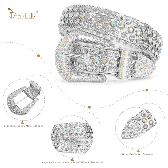Жіночий шкіряний ремінь JasGood з камінням, стиль вестерн, ковбойський, з заклепками, сріблястий, 115 см (підходить для розміру штанів 81-95 см)